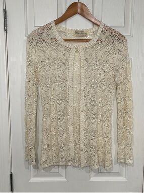 Vintage Hand Crocheted Cream Lace Cardigan Sweater